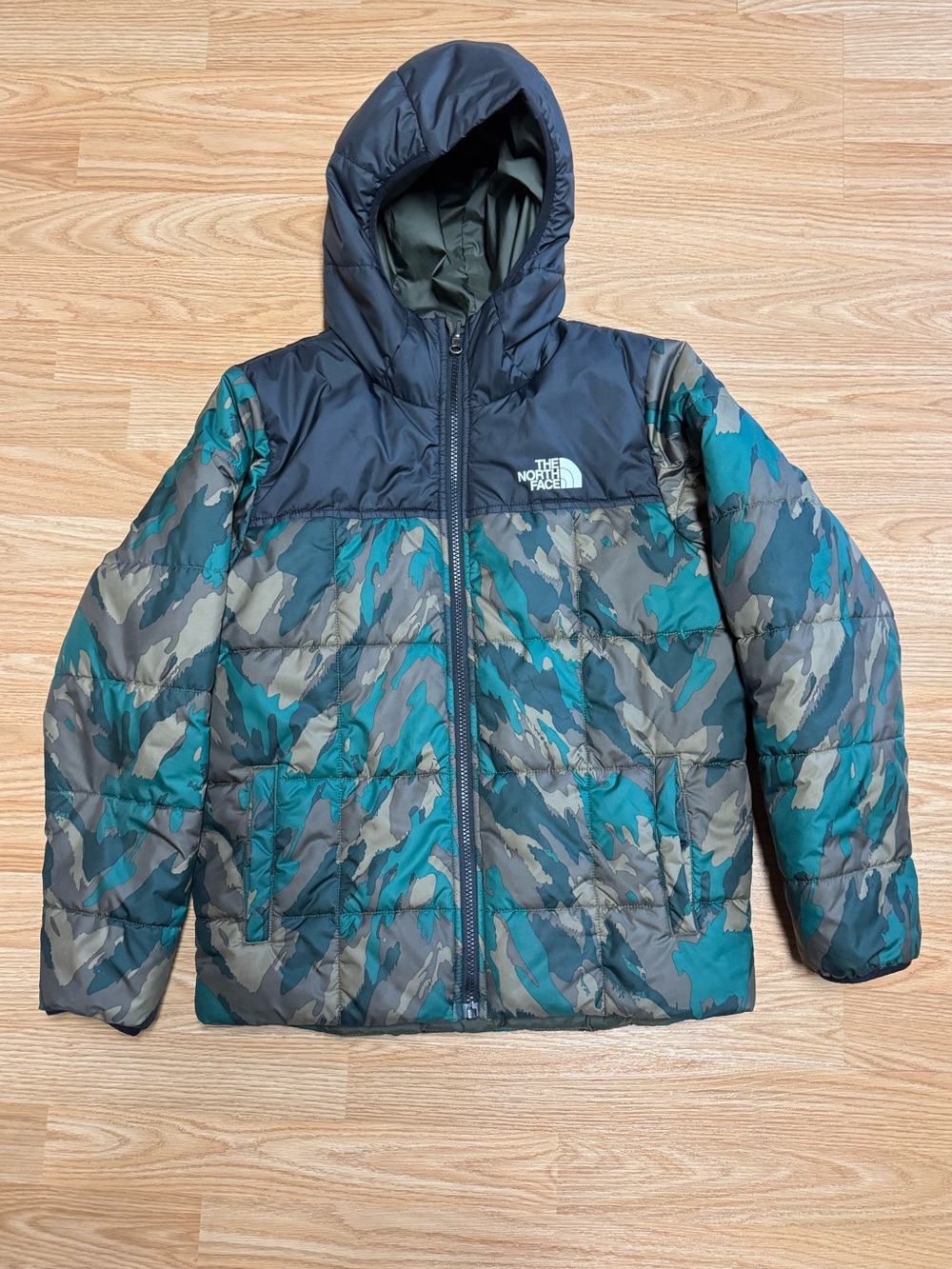 Boys- The North Face Camouflage/Green Hooded Puffer Jacket - Green, Brown, Black